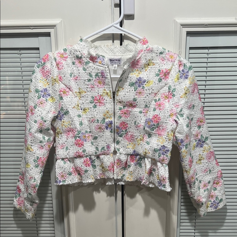 Blueberi Boulevard Floral Kids Blazer - White and Pink